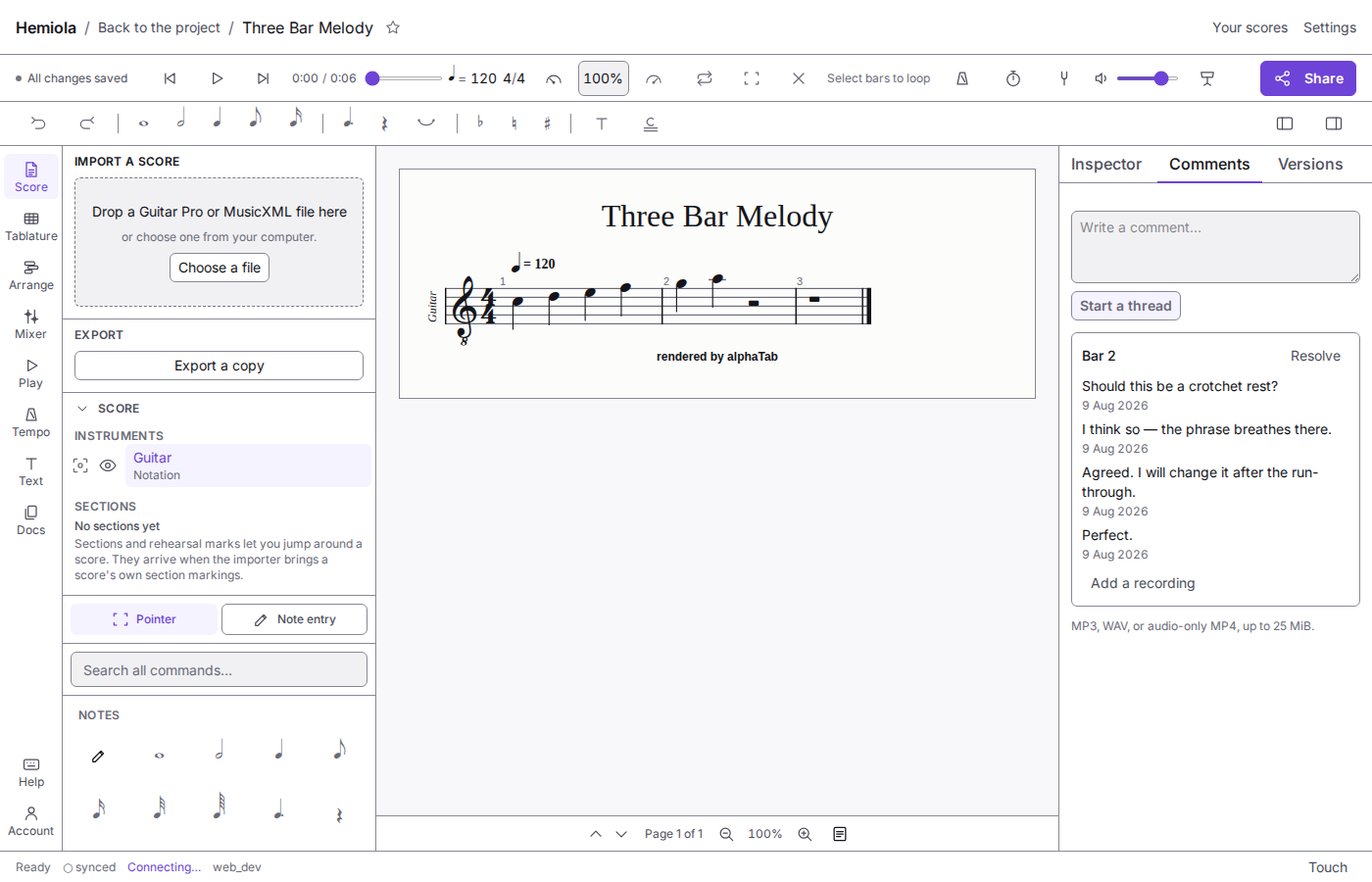 The Comments panel in the Hemiola editor, showing a thread anchored to Bar 2 with four replies debating whether a rest should be a crotchet, a Resolve control, and a control to attach a recording.