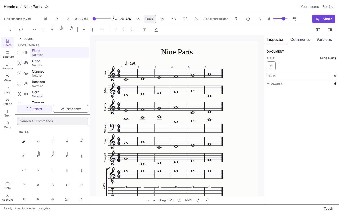 The Hemiola editor. A nine-part score is engraved on a page in the middle, the instrument list and note palette sit on the left, the inspector on the right, and a transport with tempo and time signature runs across the top.