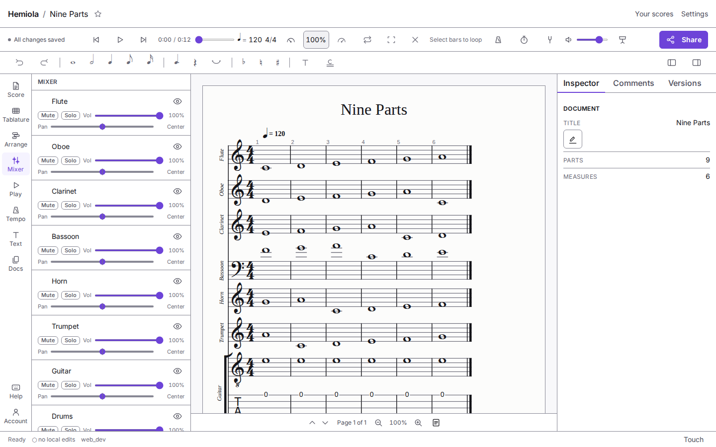 The Mixer in the Hemiola editor, with mute, solo, volume and pan controls for each of the nine parts of a score, listed beside the engraved page.