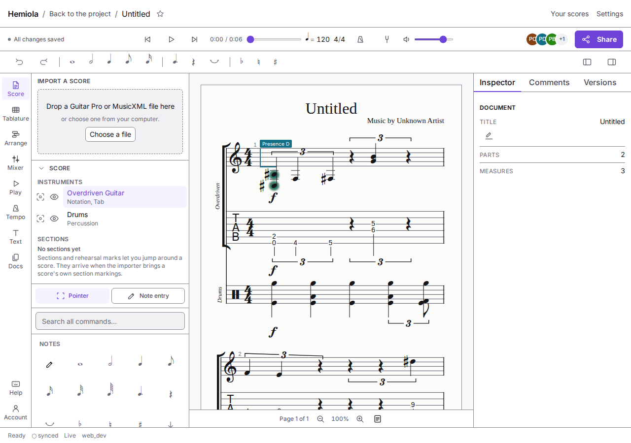 A shared score in the Hemiola editor. Four collaborator avatars sit in the toolbar, a bandmate's caret is labelled with their name on the first bar of the guitar staff with their selection highlighted around it, and the status bar reads Live.
