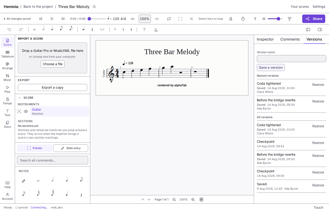 The Versions panel in the Hemiola editor, listing named versions such as Coda tightened and Before the bridge rewrite, each with the date it was saved, the person who saved it, and a Restore control.